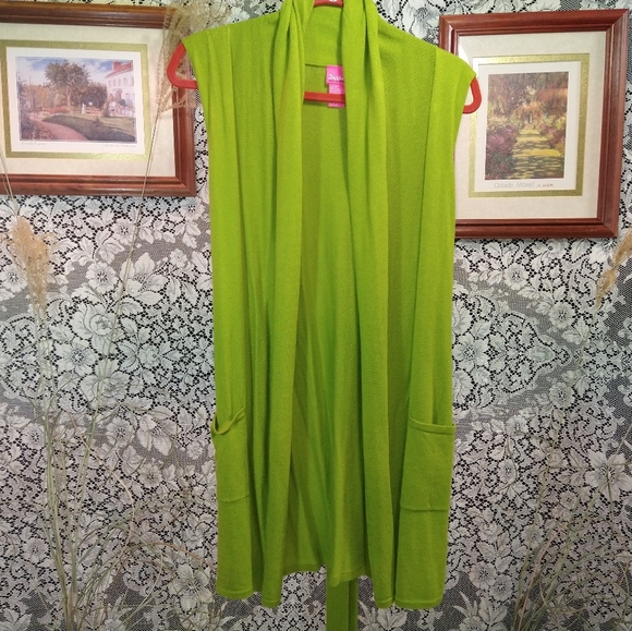 Du Jour Tops - Du Jour apple lime green sleeveless draped open front knit top belt and pockets